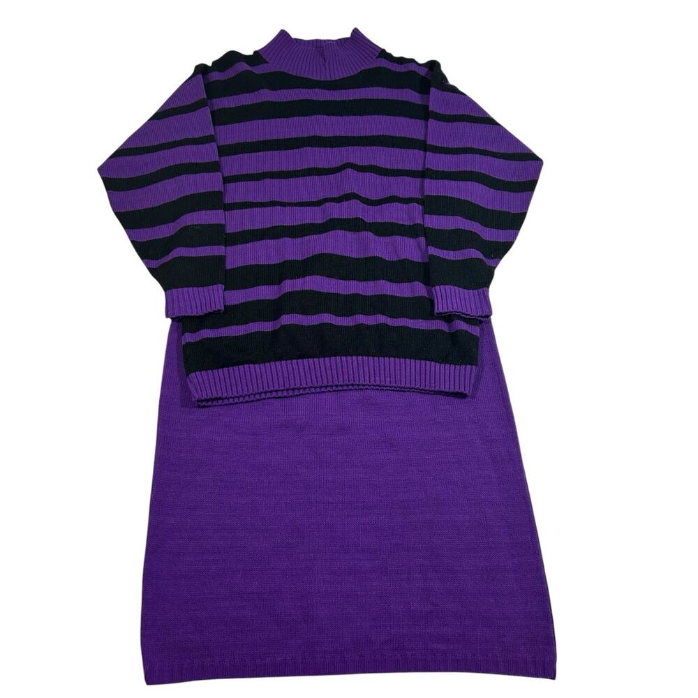 Vintage Sweater Skirt Set Black Purple Striped Knit 2 Pc Long Sleeve Mock Neck
